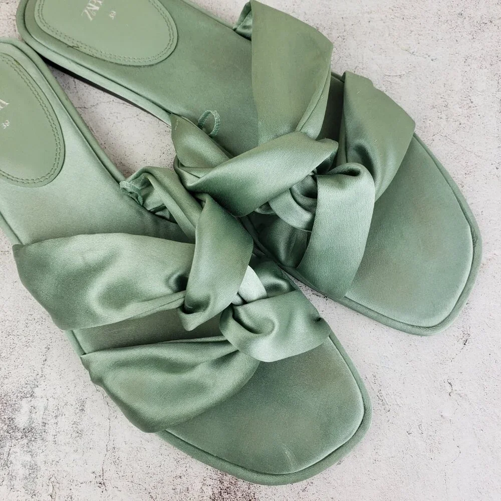 ZARA Knotted Flat Sandals Satin Flip Flops Green Bow Slippers size 39 US 8.5 - Picture 12 of 12